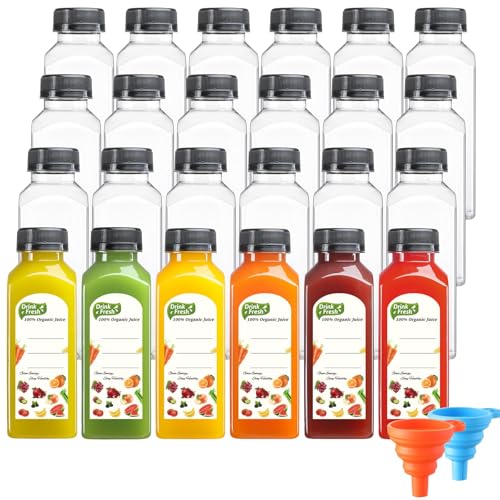 24 PACK, 12 OZ Reusable Thicker Plastic Juice Bottles with Caps, Leakproof | Plus 24 Labels & 2 Funnels, Clear Juicing Bottles for Juice, Smoothies, Ginger, Tea, Coffee -Food Grade & Travel & Freezable - size: 12oz