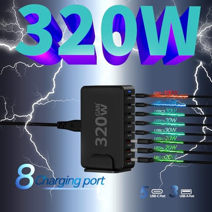 320W USB C Charging Station, 8-Port GaN III Desktop Charger Block, 100W PD Fast Laptop Power Adapter Hub with 5FT Cable for Multiple Devices, Compatible with MacBook Pro/Air, iPhone 17/16, iPad, Dell