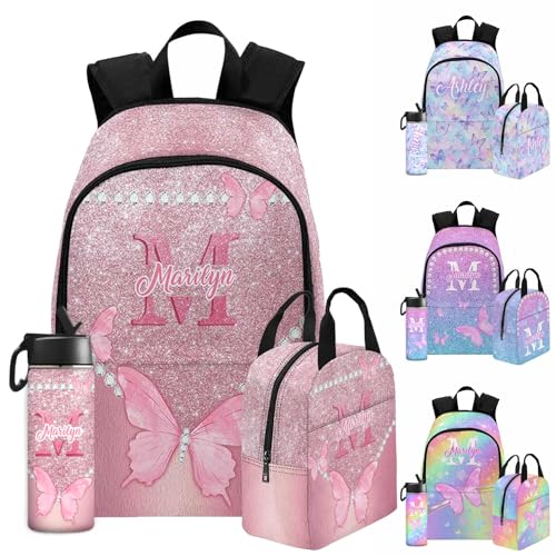 Personalized Girls Backpack Colored Glitter Butterfly School Bags for Girl with Name Custom Girls Schoolbag Insulated Lunch Bag for Son Daughter Backpacks for School Work Outdoor Activity - color: Color 05