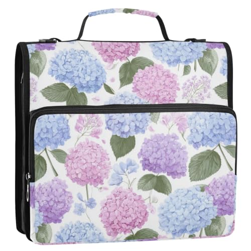3 Ring Zipper Binder Hydrangea Flowers Binder Organizer Bag Expandable File Folder with Multi Pocket for School Office - color: Hydrangea Flowers
