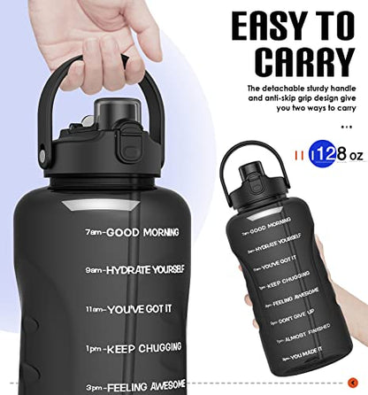 HydroPal 1 Gallon Water Bottles with Straw, 128 oz Water Bottle BPA Free Innovative 2-IN-1 Lid Gym Bottle with Times to Drink Motivational, Large for Sports Fitness Camping Water Jug （13.8X5.5 inch） - color: Obsidian Black