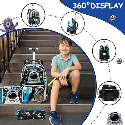 Meetbelify Kids Rolling Backpack with Wheels for Boys Rolling Backpacks with Lunch Box for Elementary School Students 3 in 1 Travel Luggage Suitcase for Boys Age 8-10 - color: Boy 02