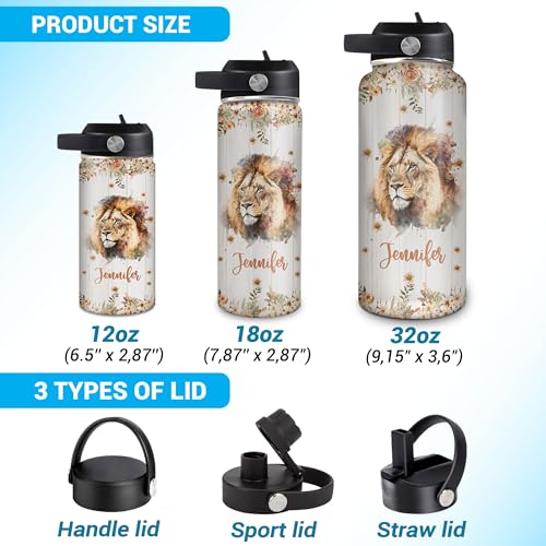 Hyturtle Personalized Lion Water Bottle - Custom Name Travel Insulated Stainless Steel Bottle with Leak-Proof Lid 18oz 32oz - Cute Animal Gift for Women, Girls, Lion Lovers - Birthday & Christmas Gift - color: Lion