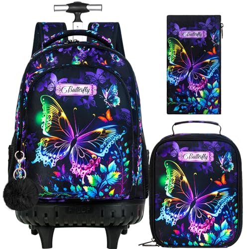 HPJGD 3PCS Rolling Backpack for Girls, Womens Butterfly School Backpacks with Wheels, Water Resistant Roller Kids Wheeled Bookbag Set with Lunch Box - color: Black Butterfly Rolling Set