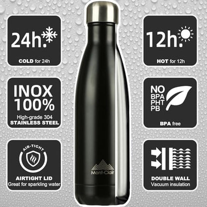 Mont-Clair Stainless Steel Water Bottle, Vacuum insulated - BPA Free, 12h Hot & 24h Cold Drinks, Metal Water Bottle 500ml Leakproof, Ideal for Adult, Kids, Running - Black - color: Black, style: 17 Ounces