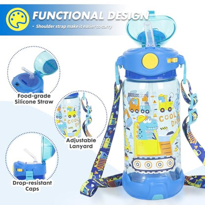 Kids Water Bottle with Straw/Lanyard for School Kids Girls Boys, 22oz BPA Free Child Drinking Water Bottle One-Click-Open Leak-Proof Locking Flip Lid for School Sport Travel - color: H14. Dinosaur
