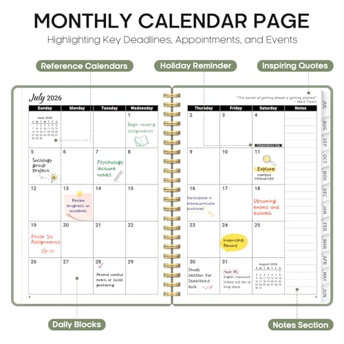 Planner 2026-2027, 6.3" x 8.5" Weekly and Monthly Academic Year Planner Calendar, July 2026 - June 2027, Hardcover Large School Planning Agenda With Tabs, Perfect for School & Office Supplies, A5, Green - color: A-Green, size: A5(6.3"x8.5")