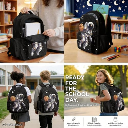 Basketball Astronaut Backpack for Boys Girls Backpack with Lunch Box Water Bottle Holder and Soft Pencil Case Kids 4PCS Set Bookbag with Front Pocket for School 17 inch Sturdy School Bag - color: Basketball Astronaut