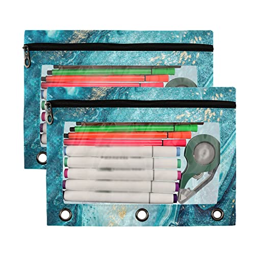 Kcldeci Pencil Pouch for 3 Ring Binder, Ocean Marble Blue Gold 2 Pack Binder Pencil Pouch with Clear Window Pencil Bags with Zipper Pencil Case for Binder - color: B09