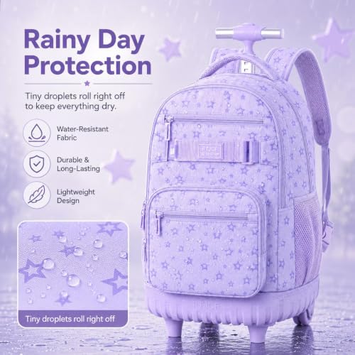 3Pcs Rolling Backpack for Girls Women, School Kids Roller Bookbag with Wheels, Wheeled Backpacks Set for Elementary (Purple) - color: Star Purple