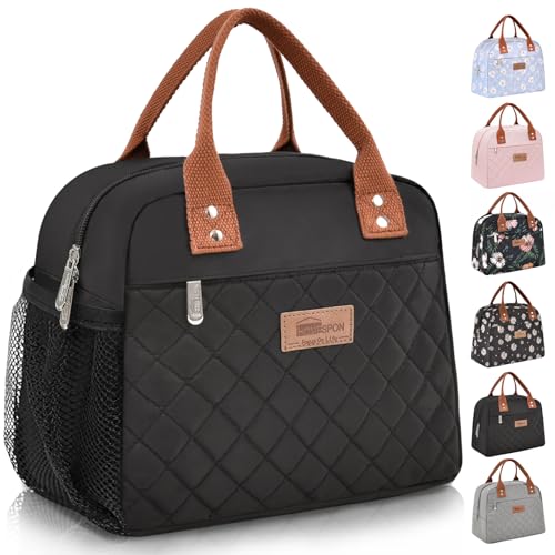 HOMESPON Insulated Lunch Bag for Women Men, Cooler Tote Box, Black Pockets | Front Pocket, Side Mesh Pockets, Reusable, for Work, Picnic, Food Container - color: Black (Side Pockets)