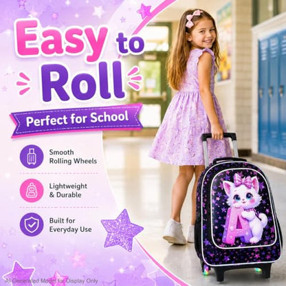 WZLVO 3PCS Kids Backpack with Wheels, 18" Sparkling Cat Print Roller Backpack for Girls with Light-Up Wheels, Includes Matching Lunch Bag & Pencil Bag - Cat Hugging A (Purple) - color: 3PCS Girls Rolling Backpack - Cat Hugging A