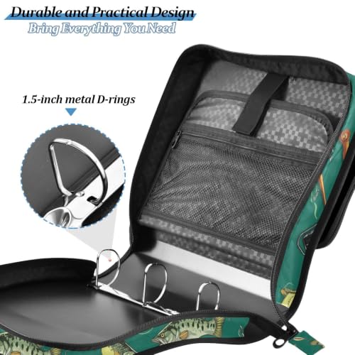 3 Ring Zipper Binder Bass Fish Fishing Poles 500 Sheets Capacity Binder Organizer Bag with Shoulder Strap and Handle for School Office College Students - color: Bass Fish