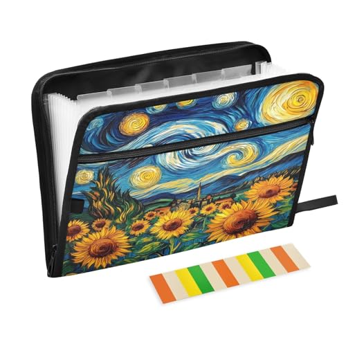 Sunflower 13 Pocket File Organizer Expanding File Folder with Front Pouch Portable Business File Storage Document Organizer Folder with Zipper - color: Sunflower