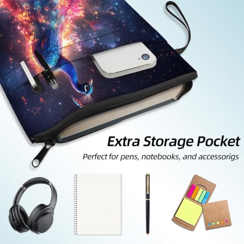 Padded Book Sleeve with Zipper & Front Pocket, Fabric Book Cover | Fantasy Nebula Peacock Bird11.4"x8.7" Washable Canvas Pouch for Hardcovers, Tablets & Reading Accessories - color: Fantasy Nebula Peacock Bird