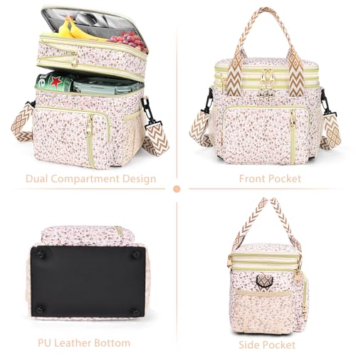 LOKASS Lunch Box for Women-16L-Insulated Lunch Bag Women, Expandable Double-layer Leakproof Cooler Bag with Upgrade Adjustable Shoulder Strap Ideal for Work/Travel/Picnics（White Flower） - color: White Flower
