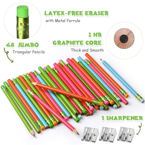 Fainne 48 Pcs Fat Pencils Jumbo Big Thick Large Pencils and 3 Pieces Sharpeners for Kids Beginners Preschoolers Kindergarten School Office Supplies(Multicolor,Round) - color: Multicolor, style: Round