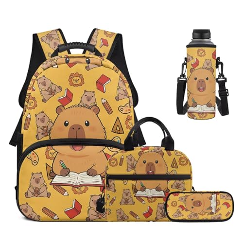 6-12 Girls School Bookbag Set with Insulated Lunch Box, Pencil Case & Water Bottle Holder - Cute Studying Capybara Lightweight Daypack for Back to School Season - color: Studying Capybara