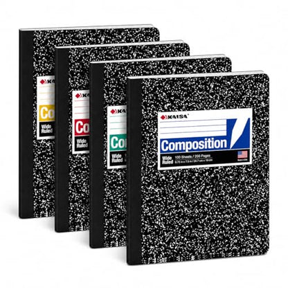 KAISA Composition Notebooks, Wide Ruled, 9-3/4" x 7-1/2", Black Marble Covers Composition Notepads Journal Notebooks 100 Sheets 4 Pack, C10001W - color: 4pad, size: wide