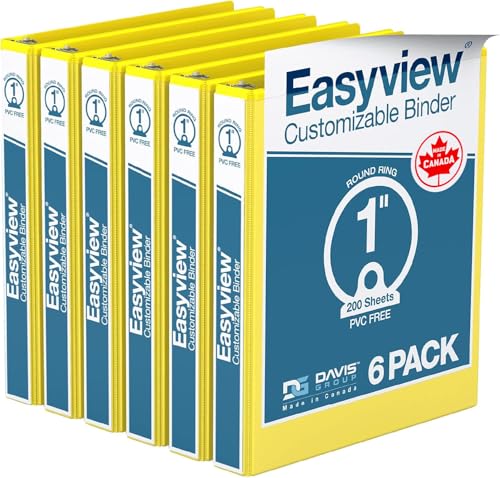 Easyview Premium 3-Ring Binders with Clear-View Covers and Round Rings, Binders for School or Office, 1 Inch, Pack of 6, Yellow - color: Yellow, size: 1 Inch, style: 6 Pack