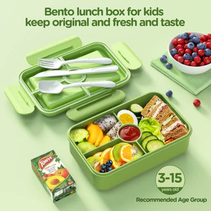 Jelife Bento Box Kids Lunch Box - Large Bento-Style Leakproof with 4 Compartments Food Storage Container with Tableware for Kids Back to School, Reusable On-the-Go Meal and Snack Packing, Green - color: 1100ml-Green
