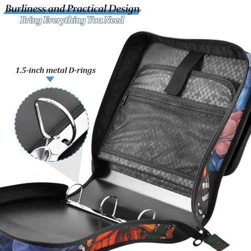 Hydrangea with Butterfly Zipper Binder 3 Ring 1.5 Inch School Binder Organizer with Shoulder Strap Handle File Folder Pockets Large Capacity Students Girl Boy Men Office Work - color: Hydrangea With Butterfly
