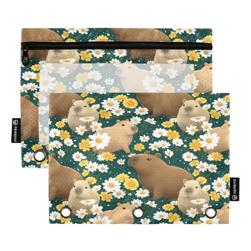 SUABO Daisy Capibala Pattern Pencil Pouch for 3 Ring Binder, 2 PCS Binder Pencil Pouch with Zipper, Clear Window Zipper Pencil Case Pencil Bags for Office Supplies - color: Capibala