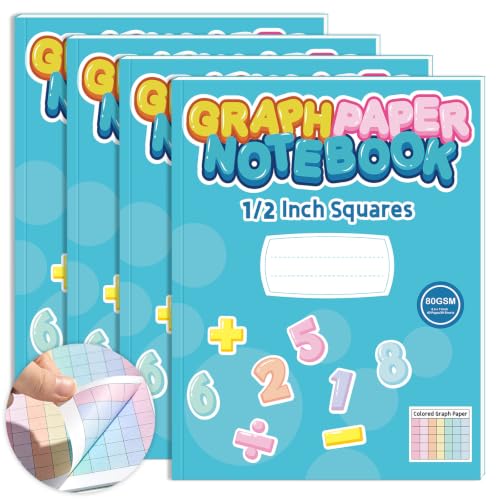 4 Pack 8.5”×11” Colored Graph Paper Pad Math Graph Paper Notebook 1/2 Inch Squares Large Quad Ruled Grid Colored Grid Notebook Exercise 120 Sheets for Kids Dyslexia School Handwriting Planning