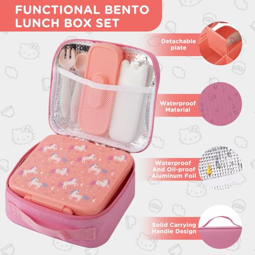 MAISON HUIS Bento Lunch Box with 8oz Soup Thermo, 5-Compartment Leak-Proof Container, Thermo Hot Food Jar and Insulated Lunch Bag, BPA Free,Travel, School (Pink Horse) - color: Pink Horse