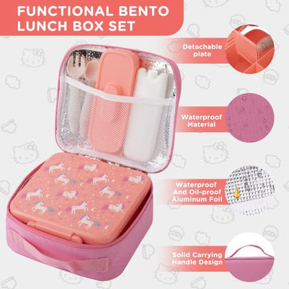 MAISON HUIS Bento Lunch Box with 8oz Soup Thermo, 5-Compartment Leak-Proof Container, Thermo Hot Food Jar and Insulated Lunch Bag, BPA Free,Travel, School (Pink Horse) - color: Pink Horse