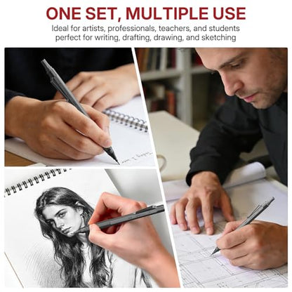 WUO 0.7mm Mechanical Pencil Set, 3 Grey Metal Drafting Pencils with 480 HB Lead Refills, Precision Eraser Pen, 4B Erasers & Case, Mechanical Pencils for Writing, Drawing, Sketching & School - color: Grey, size: 0.7