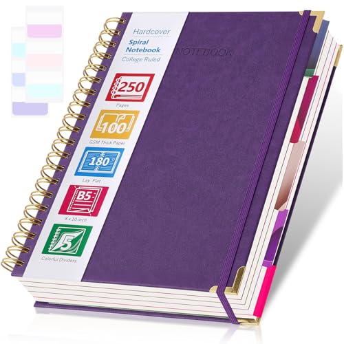 College Ruled Notebook, Spiral Notebook 8.5" x 11", Leather Hardcover Notebook Journal for Women Men, 5 Subject Notebook with Dividers, Journaling Notebooks for Work School, Purple Large Lined Journal - color: Purple, size: 8.5" x 11"