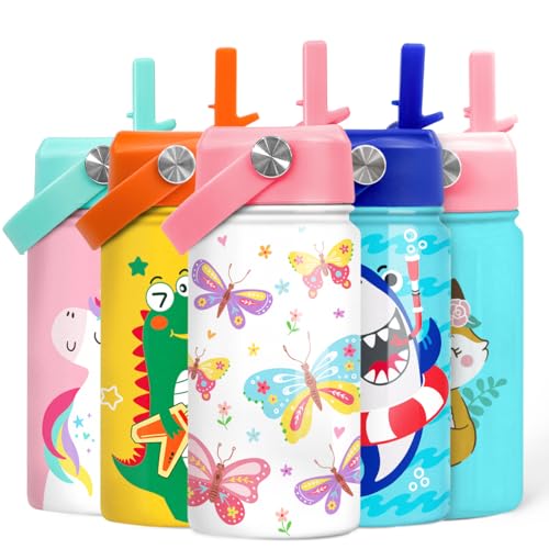 Kids Water Bottle with Straw Lid - 12 Oz Insulated Stainless Steel Water Bottles for Kid Girl- Travel Cup for School Sports - color: Butterfly