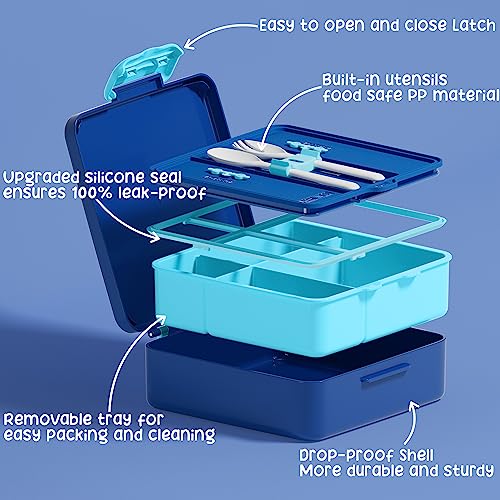 Fimibuke Kids Bento Lunch Box with 4 Compartments, Insulated lunch Bag, Stainless Steel Insulated Water Bottle, Ice Pack & Utensils Set, Birthday Gifts for Ages 3-12 Back to School Toddler Girls Boys - color: A3. Blue Dinosaur