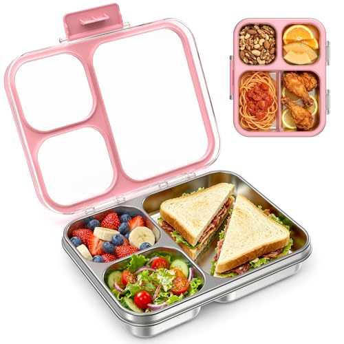 Stainless Steel Bento Lunch Box, 34oz/1000ml Leak Proof Metal Container, Lightweight 3mm Ultra-Narrow Bezel with Tritan Lid for Kids & Adults, 3-Compartment, BPA/BPS Free, Dishwasher Safe, Pink - color: Pink, size: 34oz/1000ml