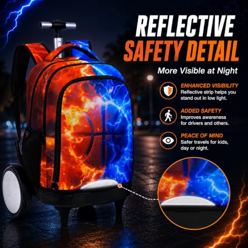 AGSDON Quiet Rolling Backpack with Lunch Box Set – Large‑Wheel Water‑Resistant Wheeled Bag for School, Outings, and Travel | Fire-Lightning Basketball 3‑Piece Organizer Backpack - color: Big Wheel Roller Bookbag Fire-lightning Basketball
