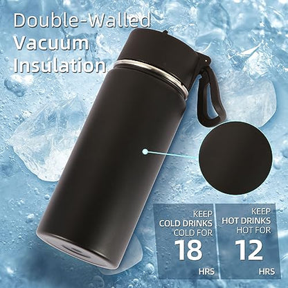 Volhoply Kids Insulated Water Bottle with Straw,16oz Stainless Steel Cold Water Bottles for School,BPA-Free Metal Wide Mouth Cups with Handle Lid,Reusable Double Wall Vacuum Sport Flask(Black,1) - color: Black