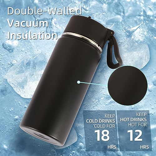Volhoply Kids Insulated Water Bottle with Straw,16oz Stainless Steel Cold Water Bottles for School,BPA-Free Metal Wide Mouth Cups with Handle Lid,Reusable Double Wall Vacuum Sport Flask(Black,1) - color: Black
