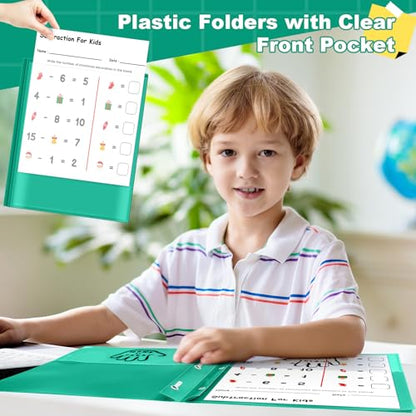 Henoyso 24 Pcs Plastic Folders with Clear Front Pockets and Prongs School to Home File Organizer Plastic Folder for Back to School Parent Teacher Communication Homework Office (Green) - color: Green