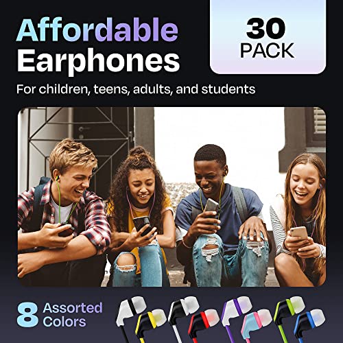 JustJamz 30x Multipack | Bulk Earbuds with Microphone, for Schools, Classroom, Libraries, Museums, etc., Wired in-Ear Earphones with Mic for Kids, Teenagers & Adults, Affordable Bulk Headphones