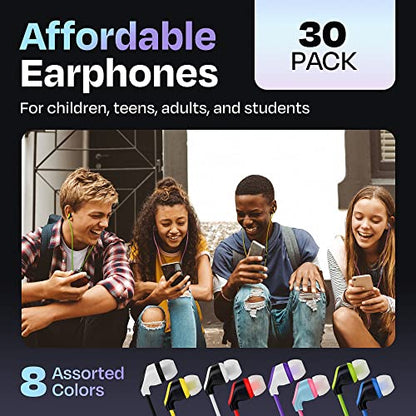 JustJamz 30x Multipack | Bulk Earbuds with Microphone, for Schools, Classroom, Libraries, Museums, etc., Wired in-Ear Earphones with Mic for Kids, Teenagers & Adults, Affordable Bulk Headphones