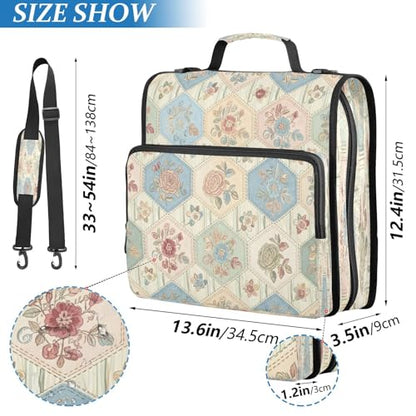 Hexagonal Floral Quilt 3 Ring Zipper Binder with Shoulder Strap, Waterproof Nylon Binder Bag, 2 Inch D-Rings 800 Sheet Capacity Opens Flat File Organizer for School Office Supplies