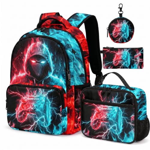 Game Backpack Set for Boys Kids, Gaming Kids Boys Backpack with Lunch Box, Pencil Bag and Coin Purse. Game School Bag 17" (Blue&Red) - color: Blue&red-2