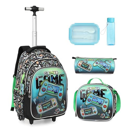 Cartoon Rolling Backpack for Boys Girls, Kids 5 Pcs Wheeled Backpack, Travel Backpack for Elementary Students (Game Black) - color: Game Black