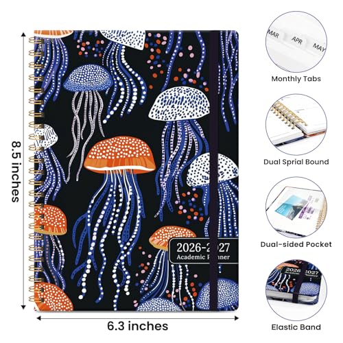 Planner 2026-2027, Academic Planner Weekly and Monthly, Jul 2026 - Jun 2027, Spiral Bound School Planning Tool with Tabs and Pocket, Perfect for Students & Teacher, 6.3" x 8.5", Jellyfish Waltz - color: N-Jellyfish Waltz, size: 6.3"x8.5" (A5)