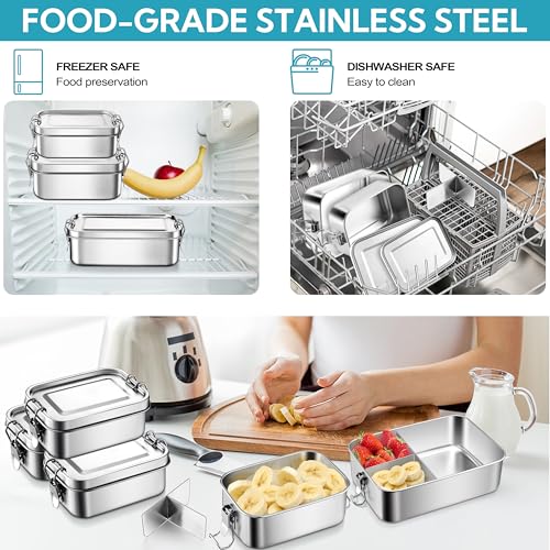 E-far Stainless Steel Lunch Box, 49oz Metal Bento Box Lunchbox w/Leak Proof Lid, 1400ml Medium Food Container w/Removable Divider & Bag, Reusable 3-Compartment Bento Lunch Container for Camping Picnic - size: 1400ML + Cloth bag