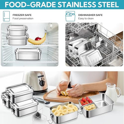 E-far Stainless Steel Lunch Box, 49oz Metal Bento Box Lunchbox w/Leak Proof Lid, 1400ml Medium Food Container w/Removable Divider & Bag, Reusable 3-Compartment Bento Lunch Container for Camping Picnic - size: 1400ML + Cloth bag