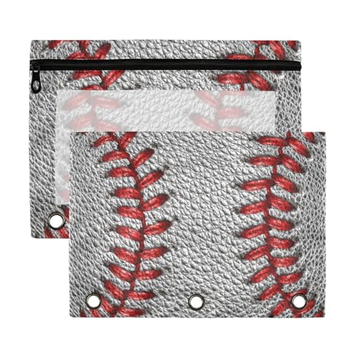 Kcldeci 3 Ring Pencil Pouch, Baseball Ball Dirty Dark Baseball Red Stitching 2 Packs Bulk Zipper Pencil Case Pencil Pouches with Clear Window for Storing School Office Supplies - color: Multicolored-c03