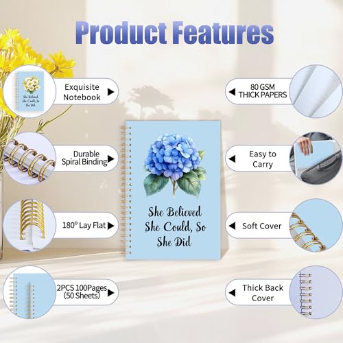 2Pcs Spiral Journal Notebook with 100 Pages, A5 College Ruled Hardcover Notebook for Office School Home,Twin-Wire Binding Notebook with Premium Thick Pape for Work and Study 8.46x6.22 - color: Hydrangea（she Believe）