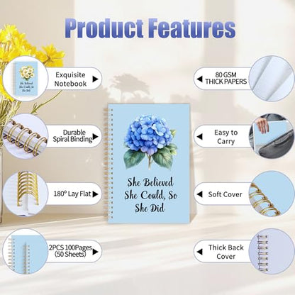 2Pcs Spiral Journal Notebook with 100 Pages, A5 College Ruled Hardcover Notebook for Office School Home,Twin-Wire Binding Notebook with Premium Thick Pape for Work and Study 8.46x6.22 - color: Hydrangea（she Believe）
